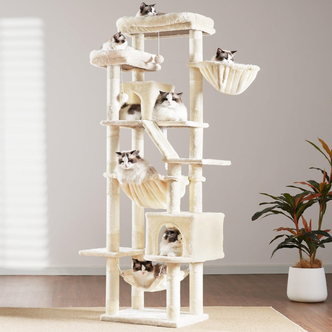 Katzenbaum 180 cm mit 2 Höhlen, Hängematte &amp; Kratzbretter beige - Bild 8