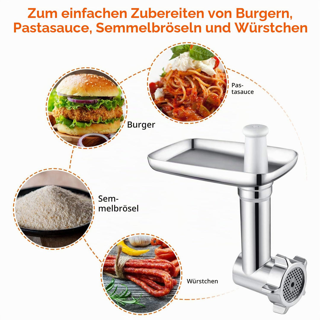Fleischwolf-Aufsatz für KitchenAid Aluminium &amp; Edelstahl mit Wurstfüller - Bild 2