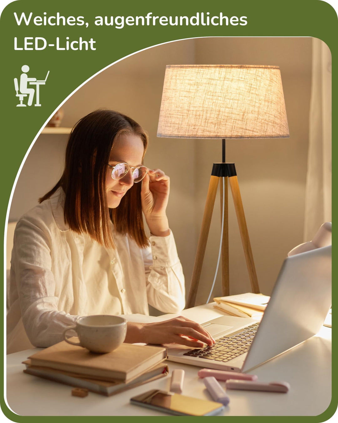 Stehlampe Boho Holzstativ dimmbar mit Leinenschirm &amp; Fernbedienung - Bild 3