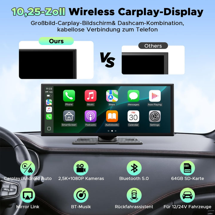 CarPlay Display 10,25 Zoll Wireless mit Dashcam 2.5K – Android Auto - Bild 4