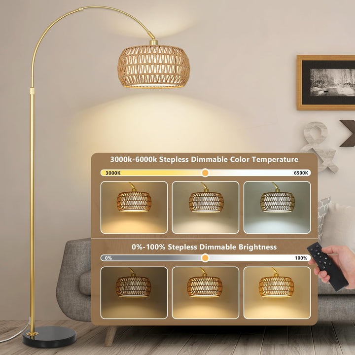 Bogenlampe Rattan Stehlampe dimmbar mit Fernbedienung App gold - Bild 2