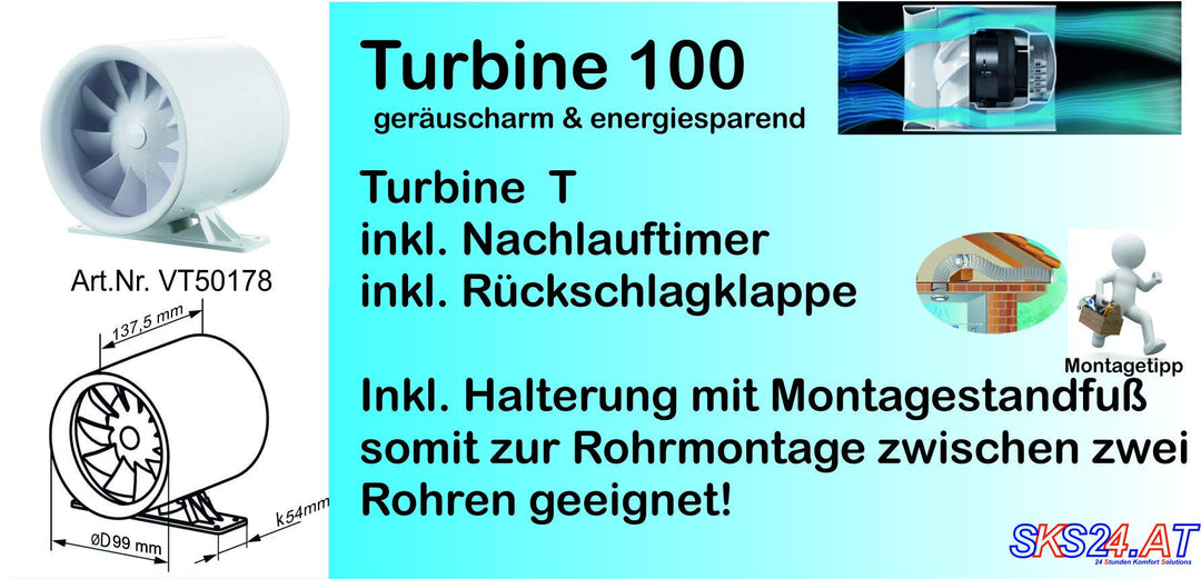 Rohreinschubventilator 100mm Turbine mit Timer leise 25dB - Bild 3