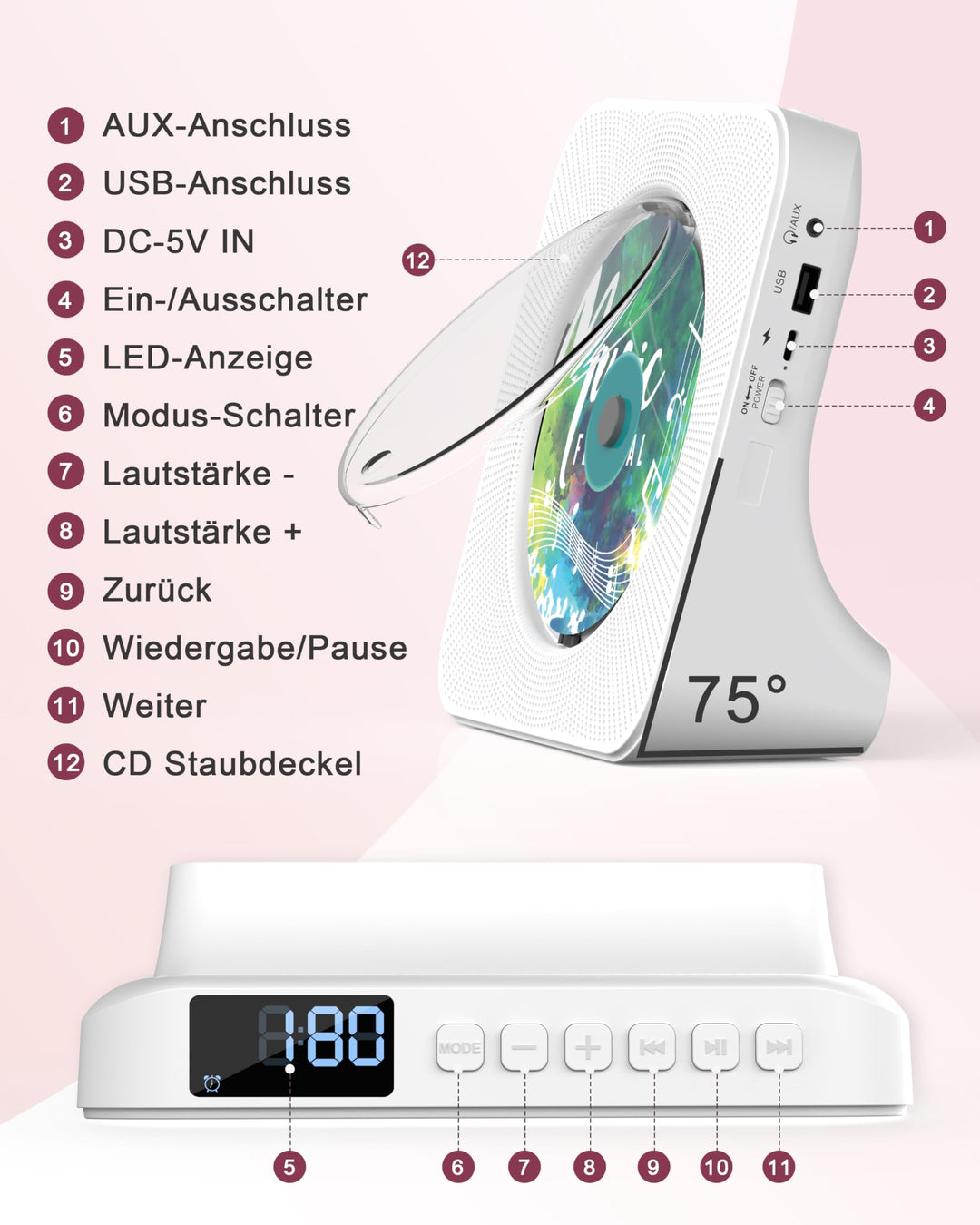 CD-Player mit Bluetooth und Fernbedienung, Dual-Lautsprecher, FM-Radio - Bild 6