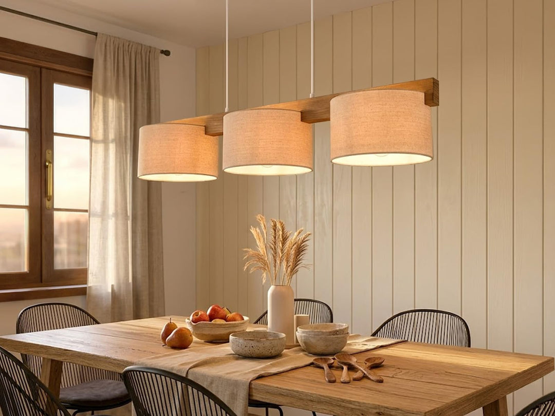 Pendelleuchte Holz Stoff 3-flammig 100cm breit Esszimmer - Bild 7