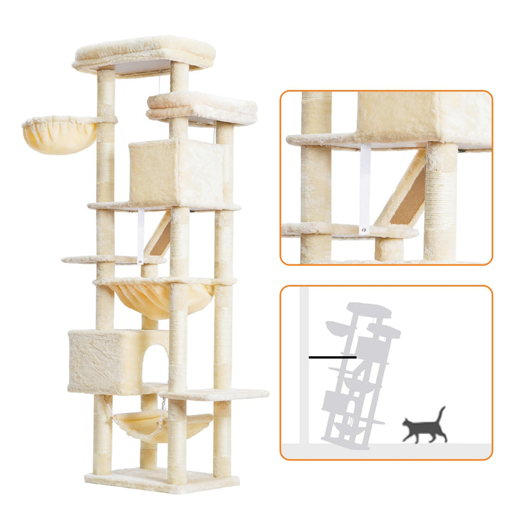 Katzenbaum 180 cm mit 2 Höhlen, Hängematte &amp; Kratzbretter beige - Bild 6