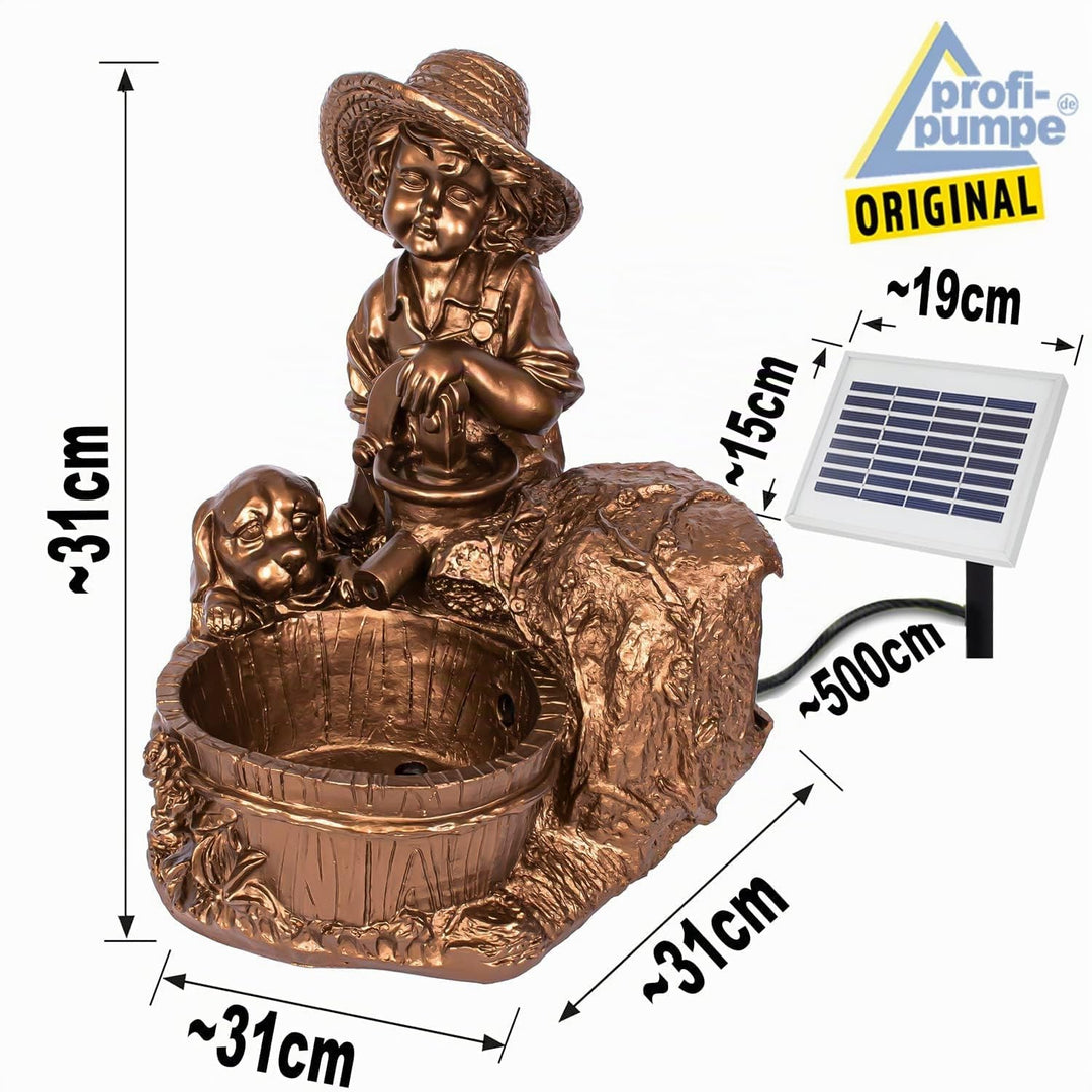 Solar-Gartenbrunnen Junge mit Hund Polyresin Kupferoptik 50cm Teich - Bild 5