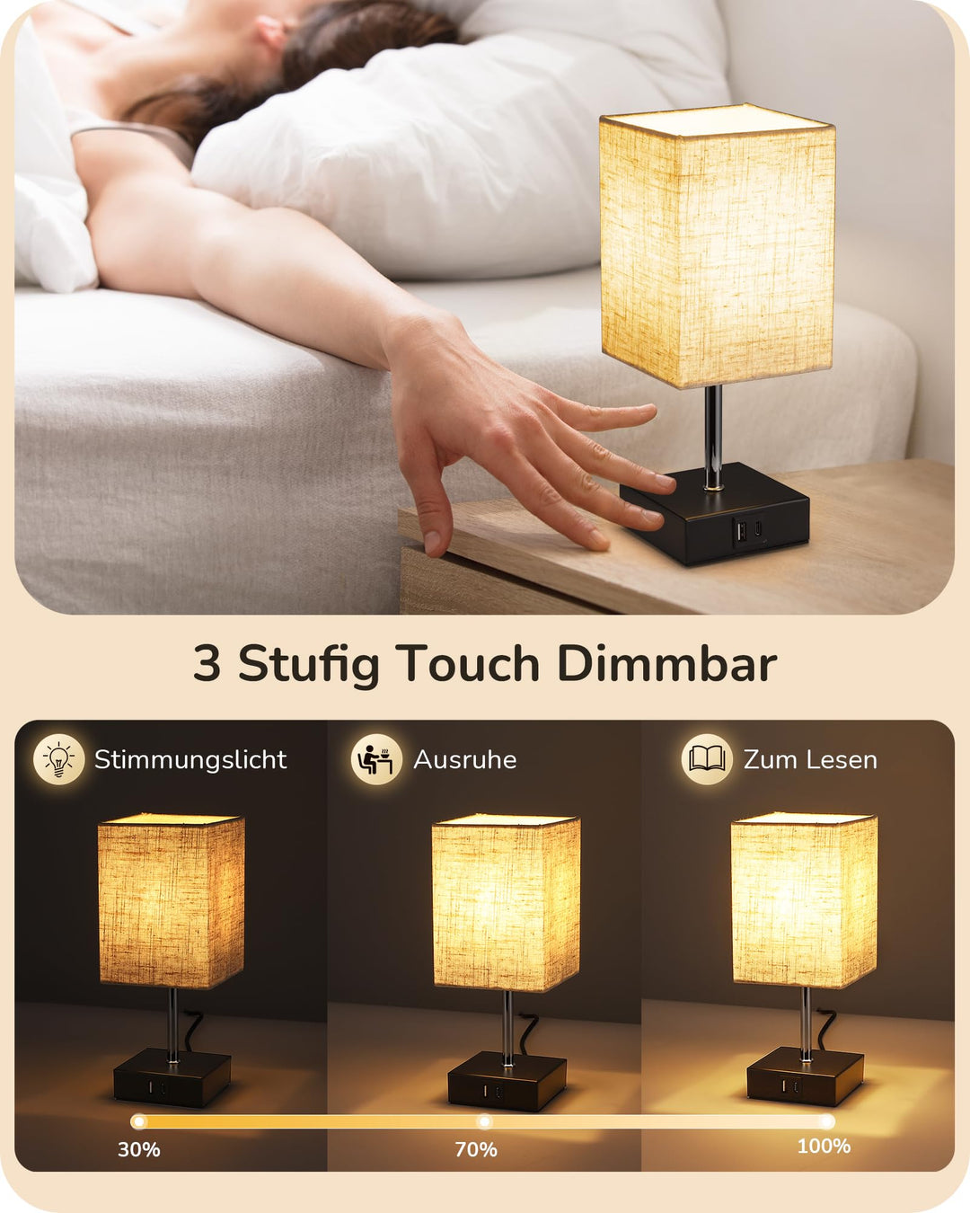 Nachttischlampe Touch-Dimmer 2er Set mit USB-A und USB-C Schwarz - Bild 2