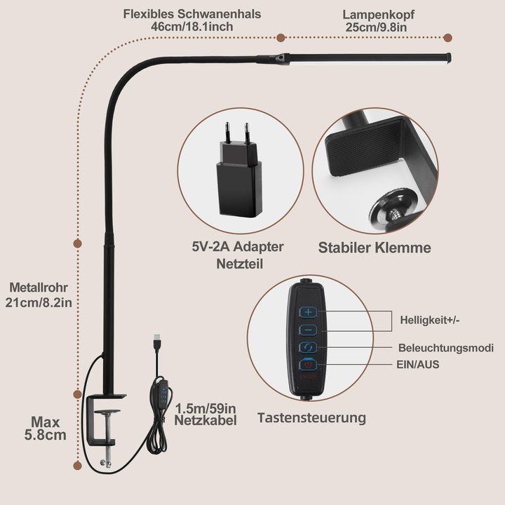 Klemmleuchte LED Schreibtisch Schwanenhals 360° drehbar, 3 Farbtemperaturen