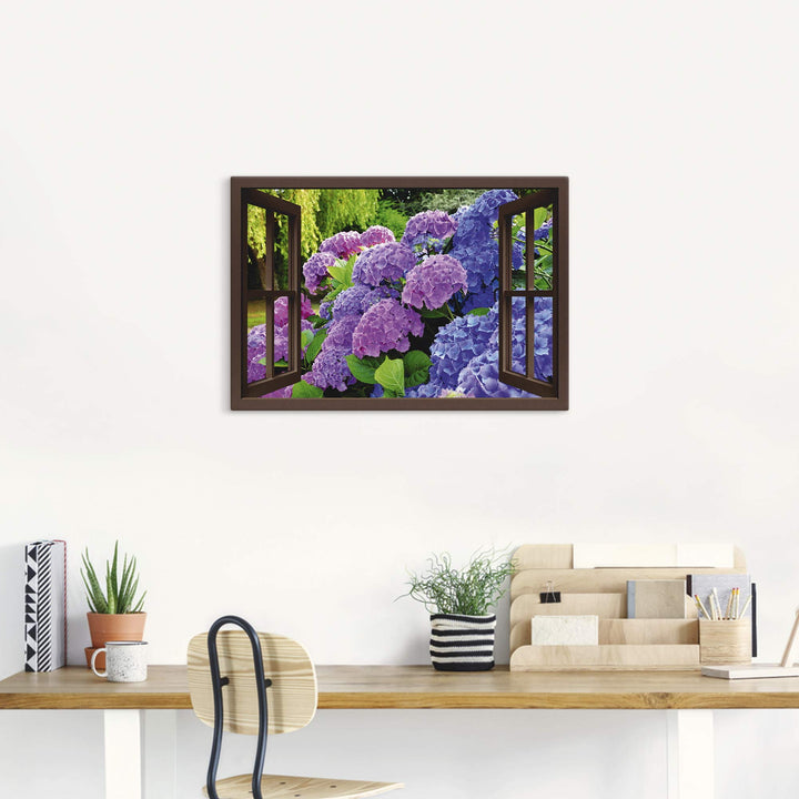 Leinwandbild Hortensien Fensterblick Garten auf Holzrahmen - Bild 7