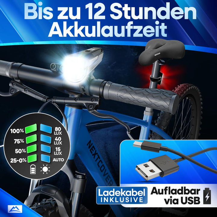 Fahrradlicht Set LED USB aufladbar mit Lichtsensor 12h Akku StVZO - Bild 3