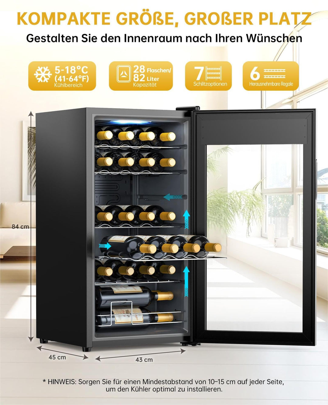 Weinkühlschrank Kompressor 82 L für 28 Flaschen mit Glastür LED - Bild 5
