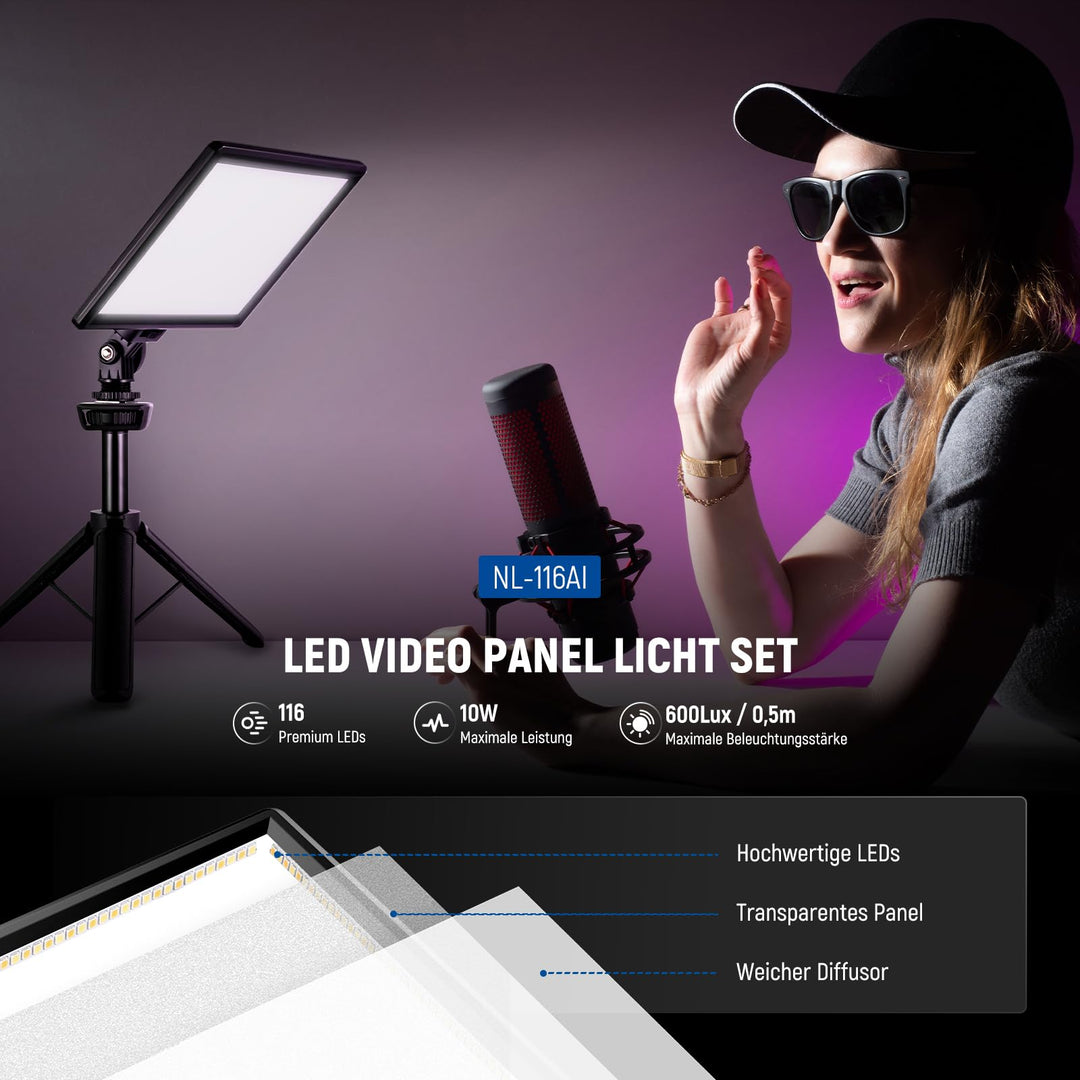 LED Videolicht Panel 9" mit Tischstativ 116 LEDs CRI95+ 3200–5600K - Bild 2