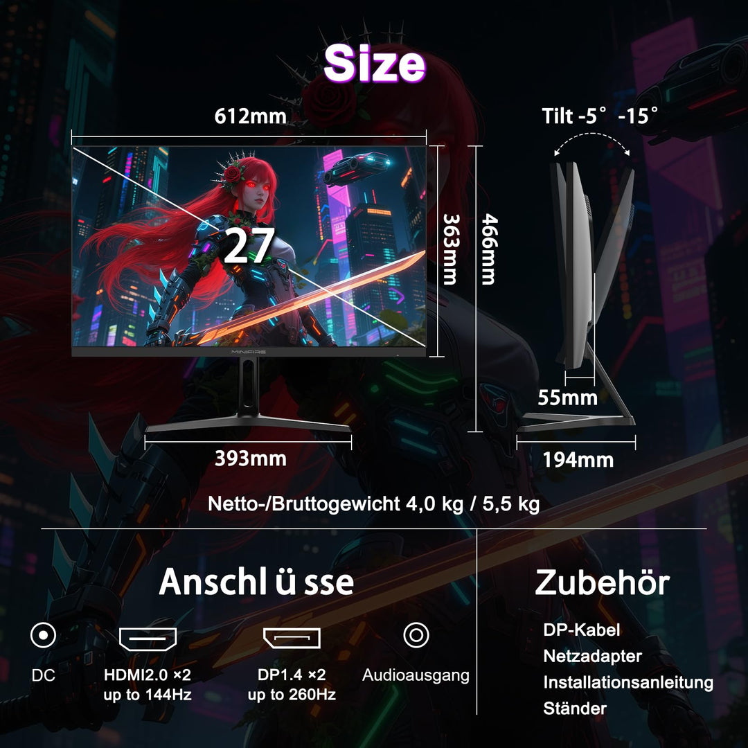 Gaming Monitor 27 Zoll QHD 2K 260Hz IPS 1ms Adaptive Sync HDR10 - Bild 8