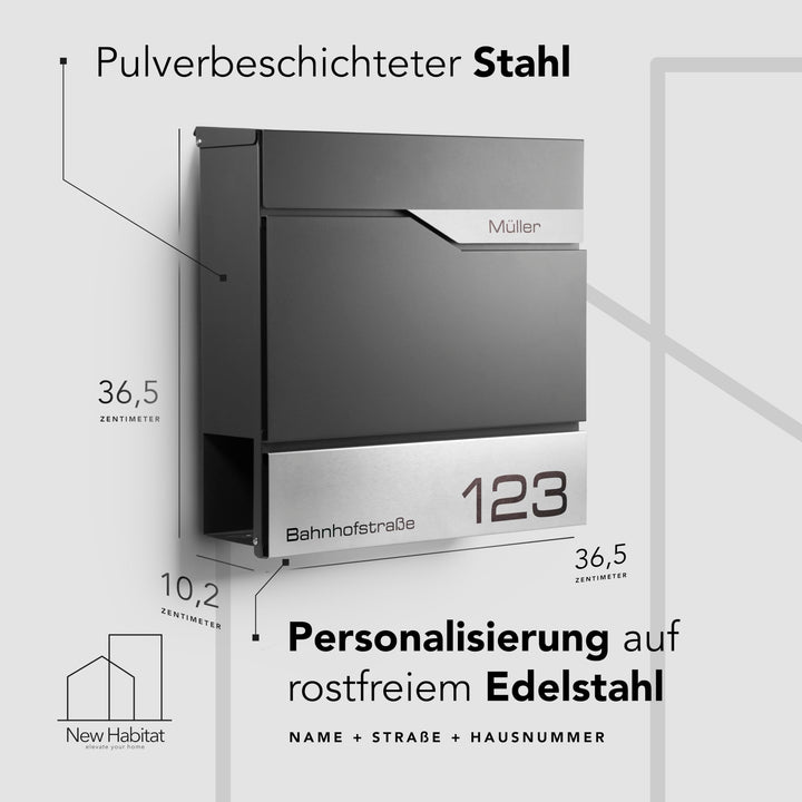 Wand-Briefkasten Stahl personalisierbar mit Gravur Anthrazit RAL 7016 - Bild 3