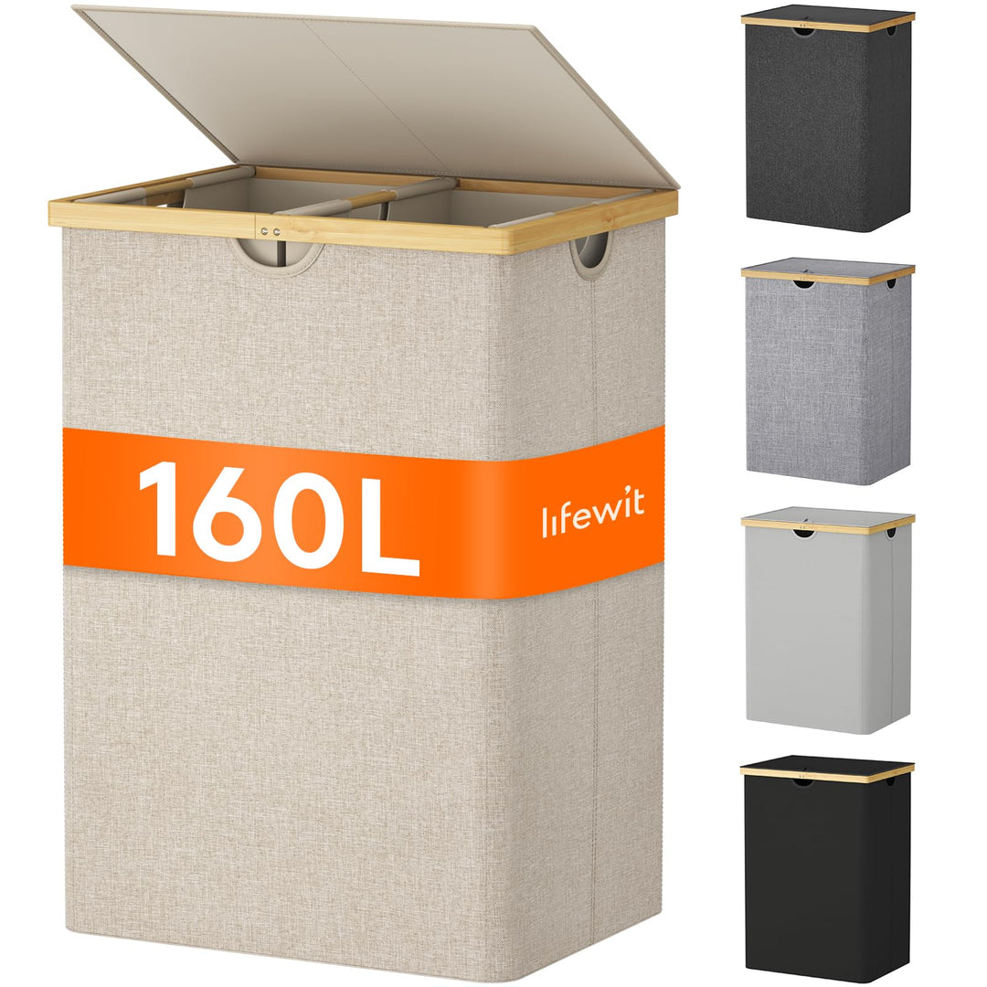 Wäschekorb Bambus 160L mit 2 Fächern und Deckel, Beige