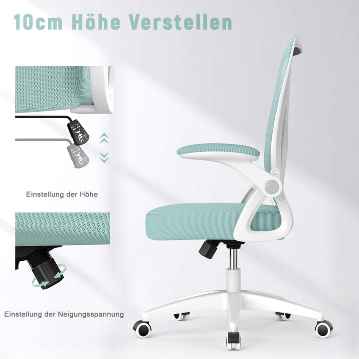 Bürostuhl Ergonomisch Netz Grün mit Lordosenstütze und Armlehnen - Bild 3