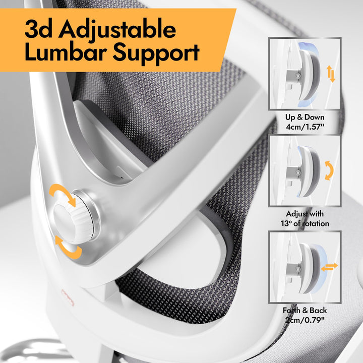 Ergonomischer Bürostuhl Mesh Weiss mit 3D Lendenstütze und verstellbaren Armlehnen - Bild 3