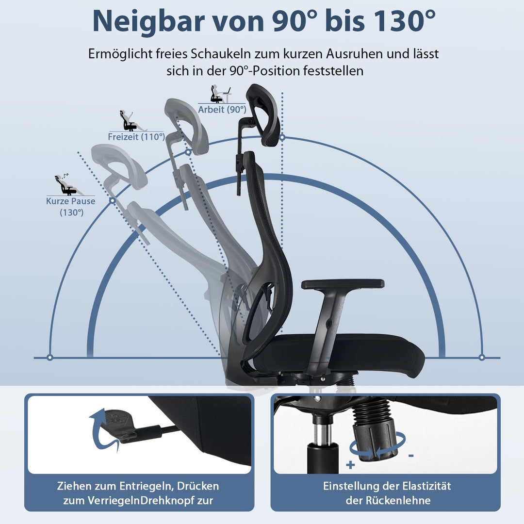 Ergonomischer Bürostuhl Netz 150 kg mit Lordosenstütze und Kopfstütze - Bild 4