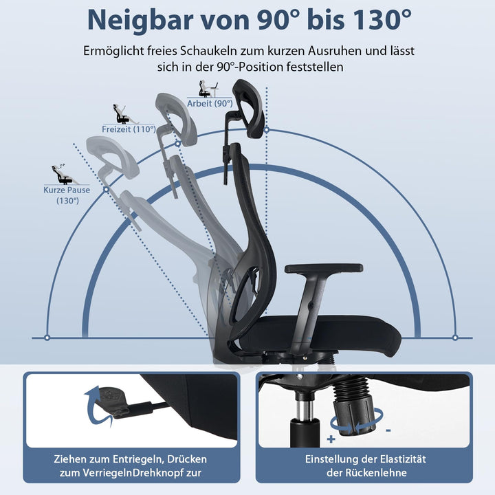 Ergonomischer Bürostuhl Netz 150 kg mit Lordosenstütze und Kopfstütze - Bild 4