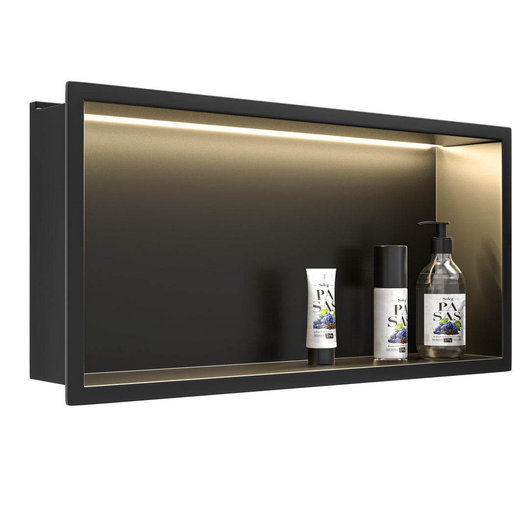 Duschnische Edelstahl mit LED-Licht Schwarz 10x30x60 cm Wandnische