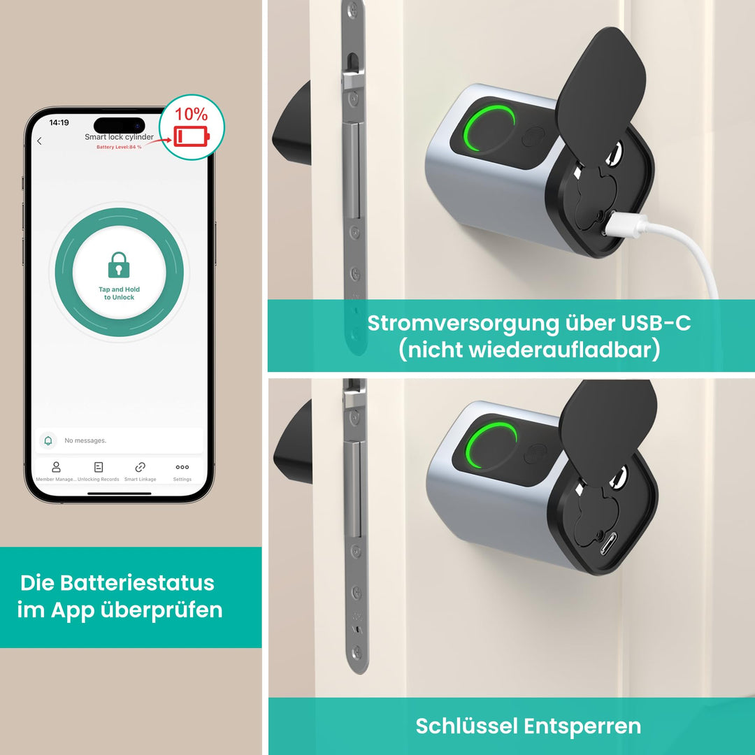 Smart Türschloss Fingerabdruck &amp; PIN für Türen 60-90 mm Silber - Bild 8