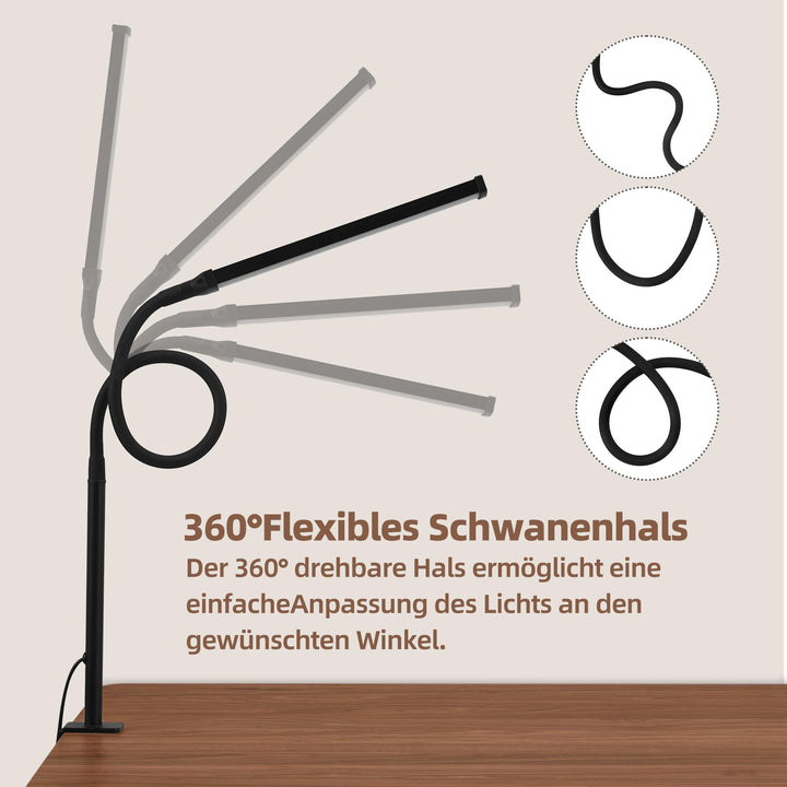 Klemmleuchte LED Schreibtisch Schwanenhals 360° drehbar, 3 Farbtemperaturen