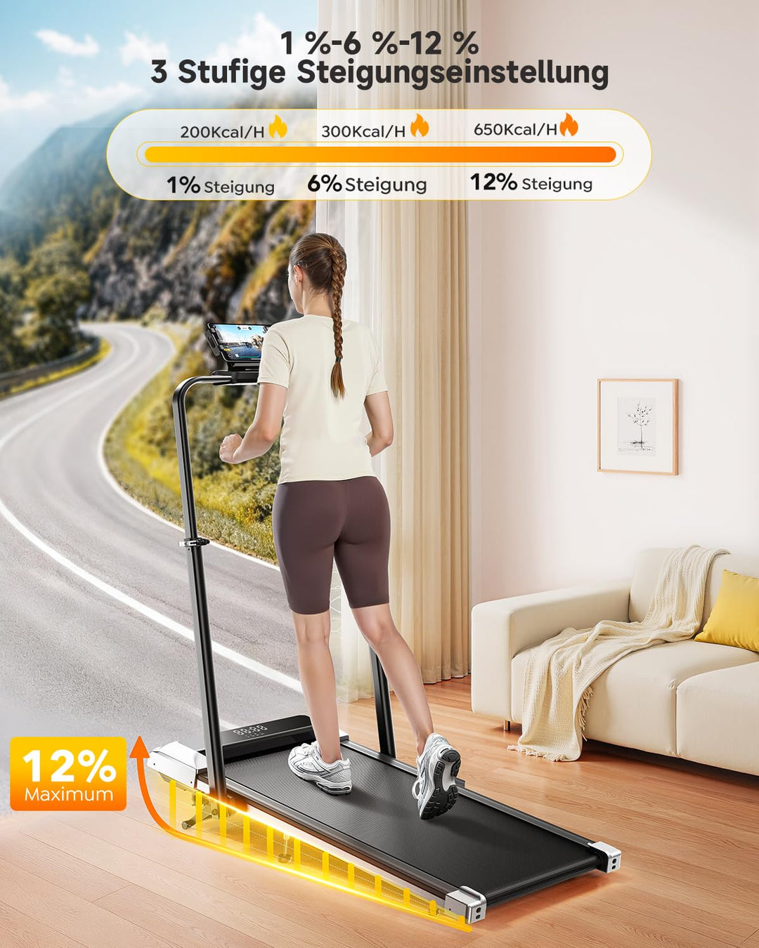 Laufband klappbar 12% Steigung 12km/h mit App 2.5HP Motor - Bild 2