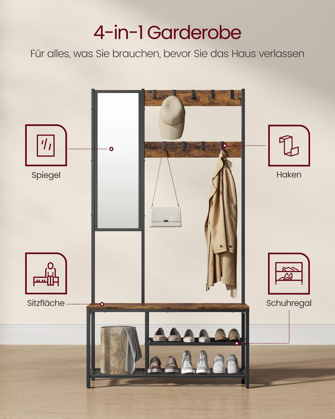 Garderobenständer 4-in-1 mit Spiegel, Schuhbank und Haken, 185 cm - Bild 3