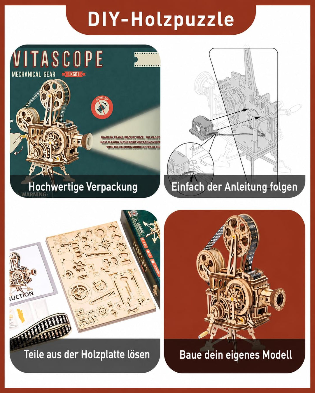 Holzmodell Filmprojektor mit Handkurbel Vintage-Mechanik 172 Teile - Bild 7