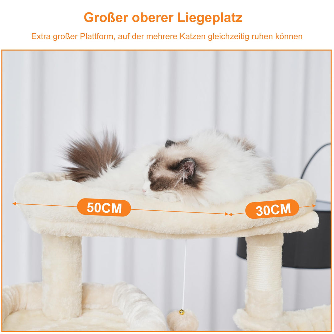 Katzenbaum 180 cm mit 2 Höhlen, Hängematte &amp; Kratzbretter beige - Bild 3
