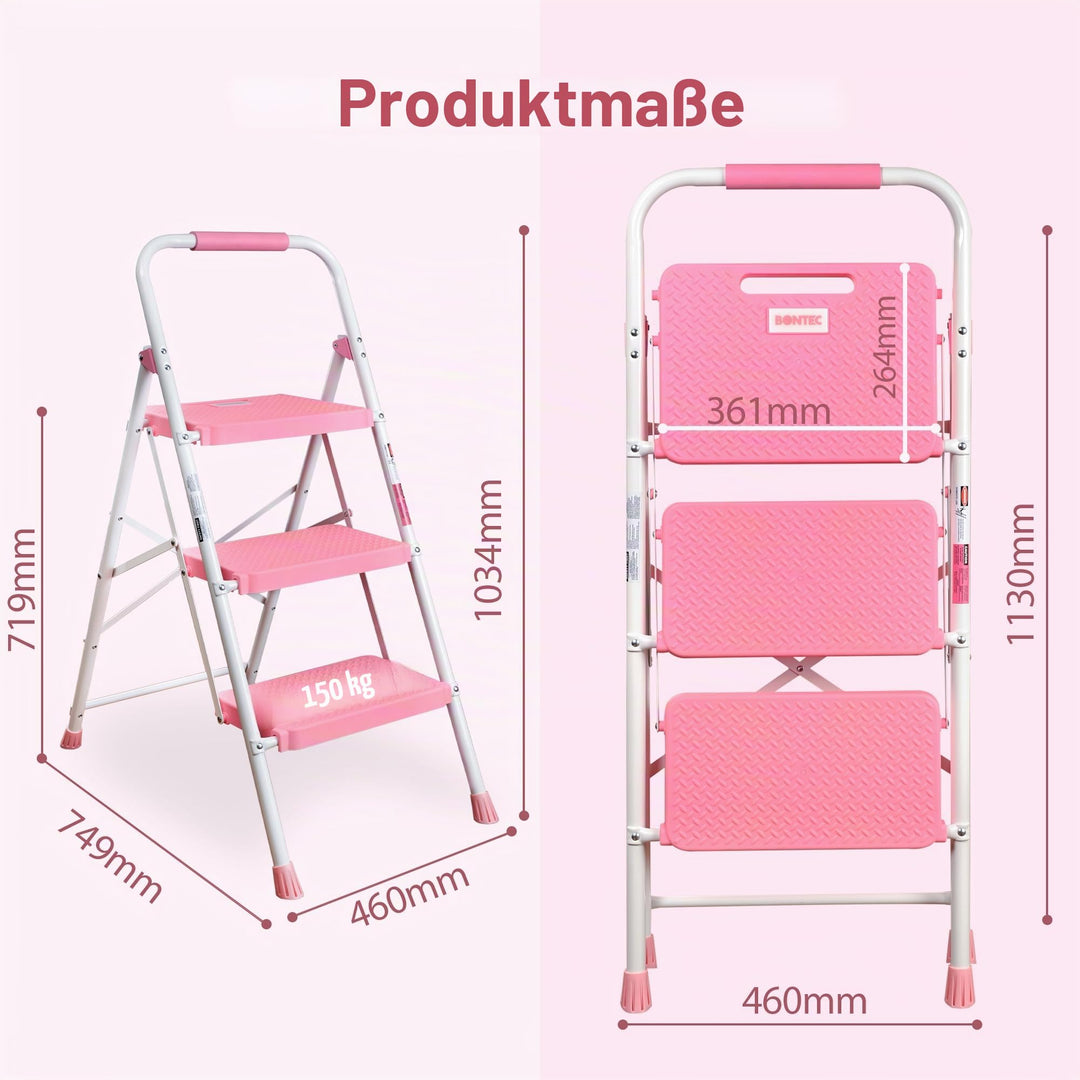 Trittleiter 3 Stufen klappbar Stahl 150 kg rosa mit Antirutsch - Bild 3