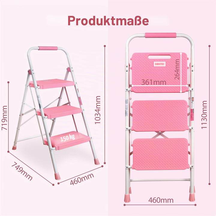 Trittleiter 3 Stufen klappbar Stahl 150 kg rosa mit Antirutsch - Bild 3