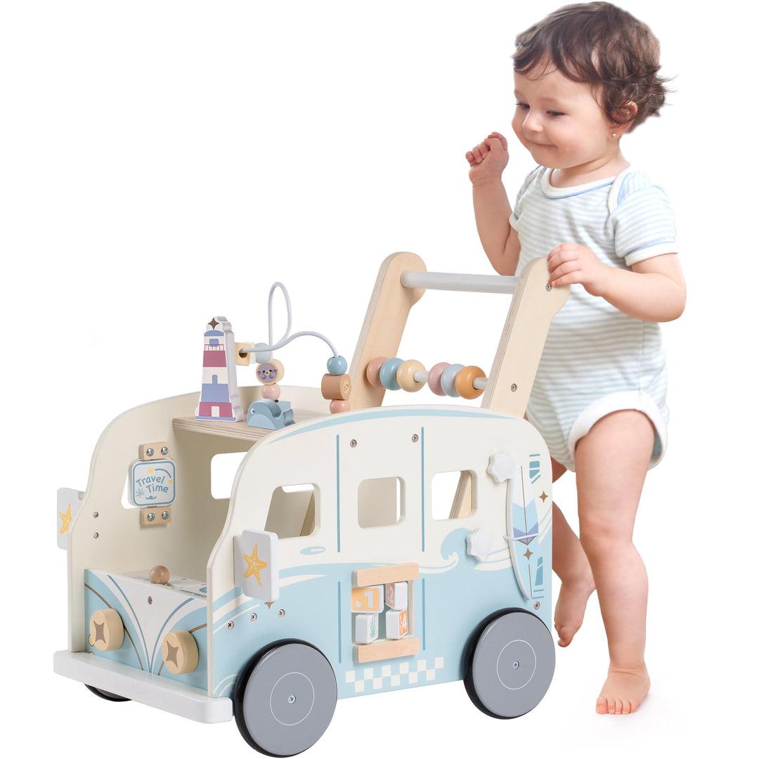 Lauflernwagen Holz Bus-Design mit Aktivitätsbrett für Kleinkinder