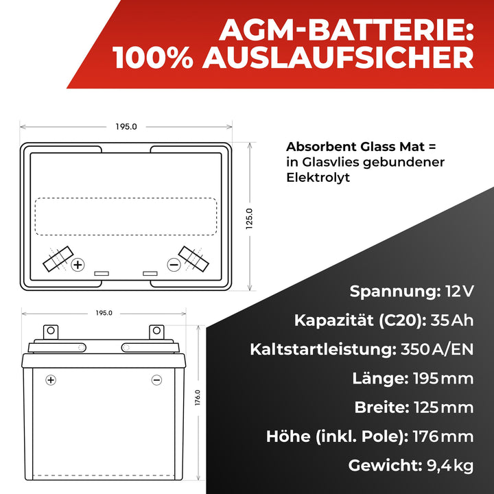 Rasentraktor Batterie 12V 35Ah 350A AGM Pluspol Links wartungsfrei - Bild 3