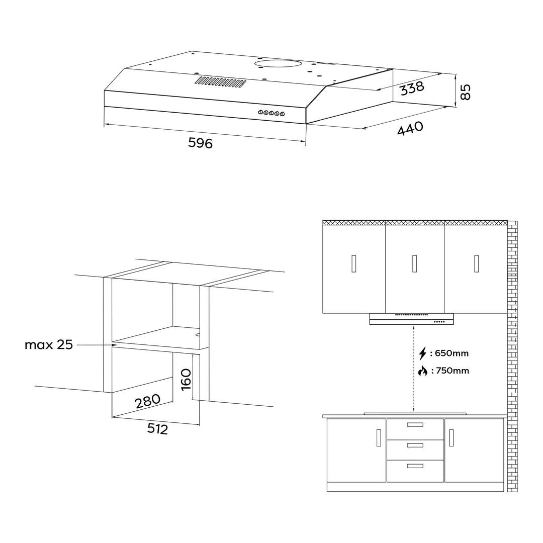 Unterbau-Dunstabzugshaube 60cm Umluft/Abluft Schwarz Matt 220m³/h - Bild 2