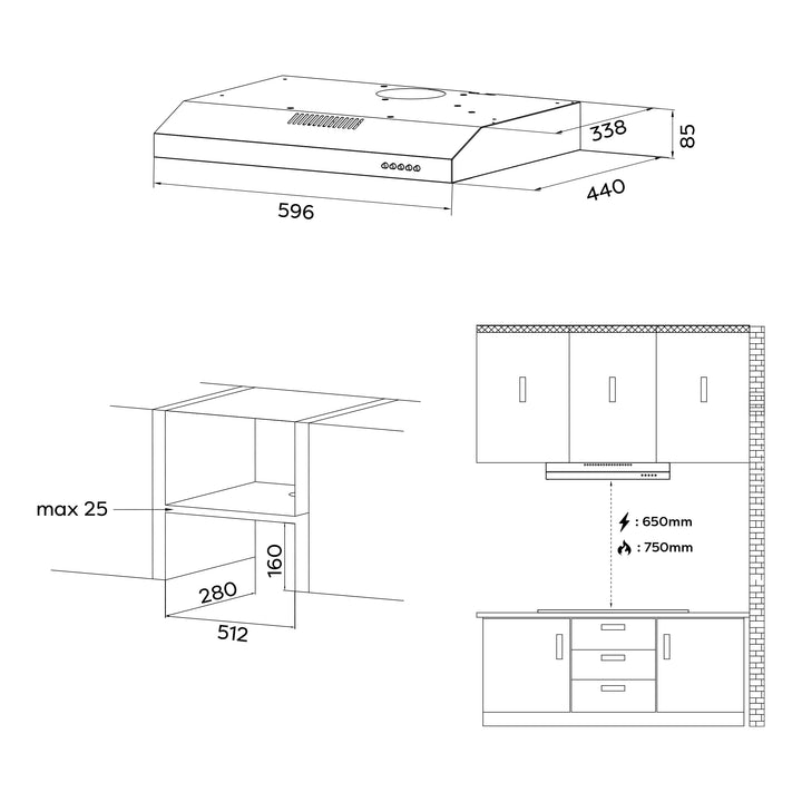 Unterbau-Dunstabzugshaube 60cm Umluft/Abluft Schwarz Matt 220m³/h - Bild 2