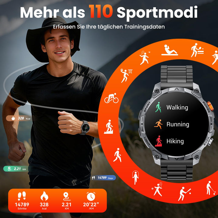 Smartwatch Herren Outdoor 1000-mAh-Akku IP68 mit LED-Taschenlampe - Bild 7