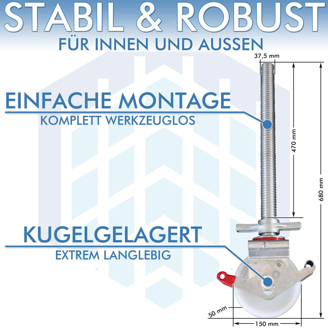 Gerüstrollen 150 mm Nylon mit Stahlspindel doppelt gebremst 4er-Set - Bild 3