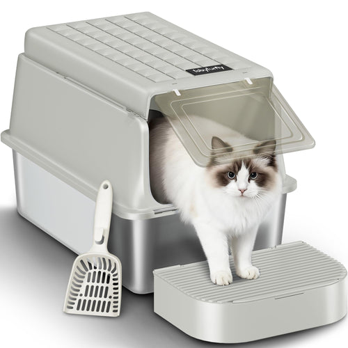 Katzentoilette Edelstahl XXL 3-in-1 mit Klappdeckel 60x40x38,5cm