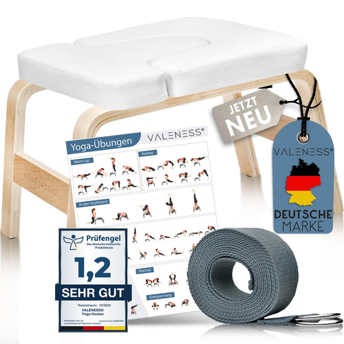 Yoga Kopfstandhocker Naturholz mit Yogagurt und Übungsposter