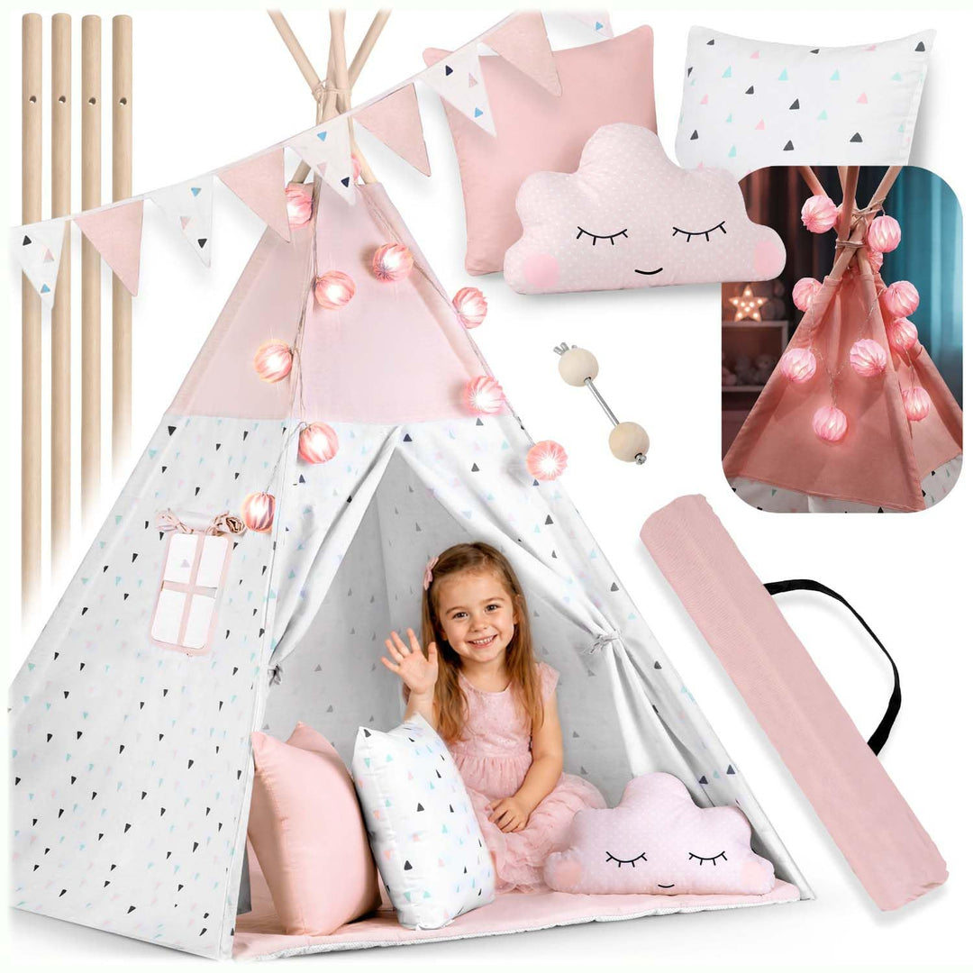 Kinderzelt Tipi Baumwolle mit Kissen Girlande Isoliermatte Rosa