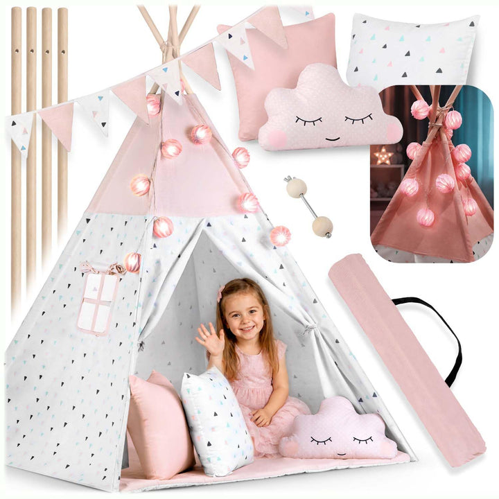 Kinderzelt Tipi Baumwolle mit Kissen Girlande Isoliermatte Rosa