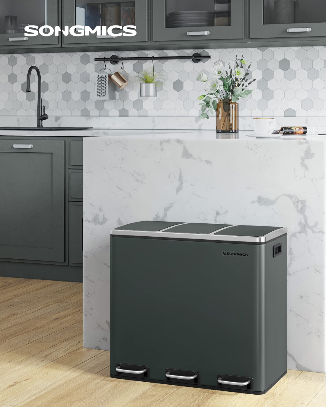 Mülleimer Küche 3 Fächer je 18L Stahl Softclose-Deckel grüngrau - Bild 2