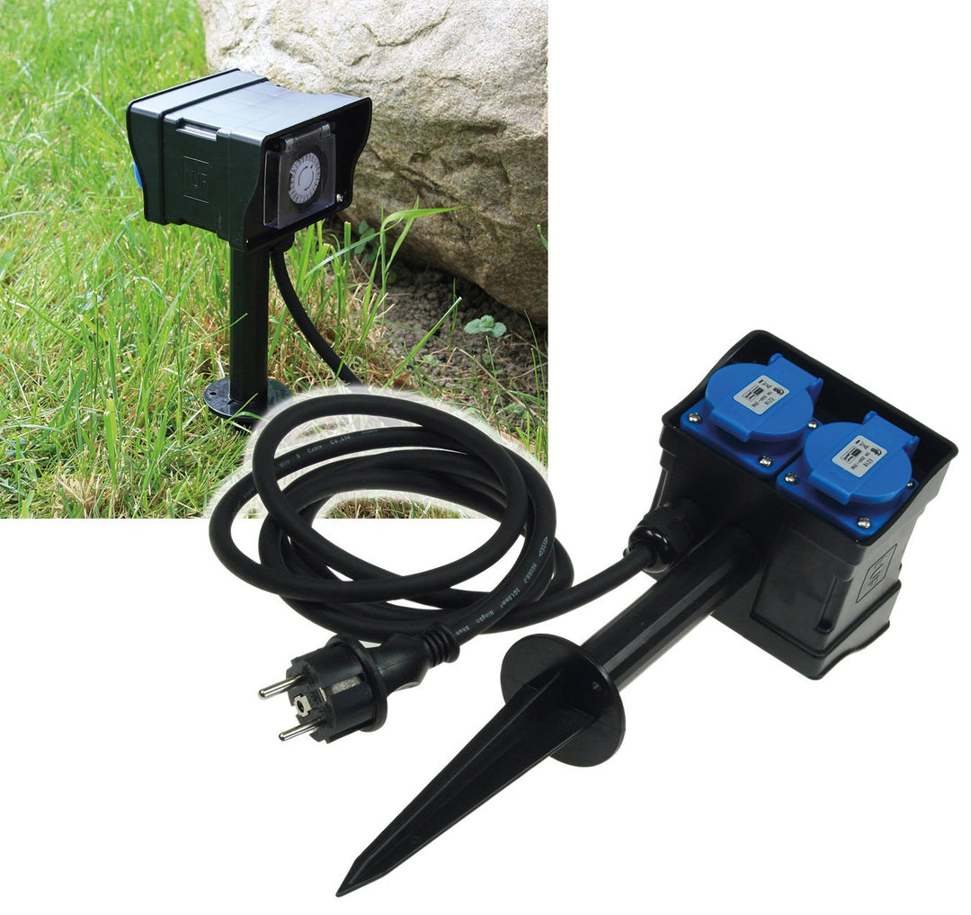 Gartensteckdose 2-fach mit Zeitschaltuhr IP44 Erdspieß 2m Kabel - Bild 3