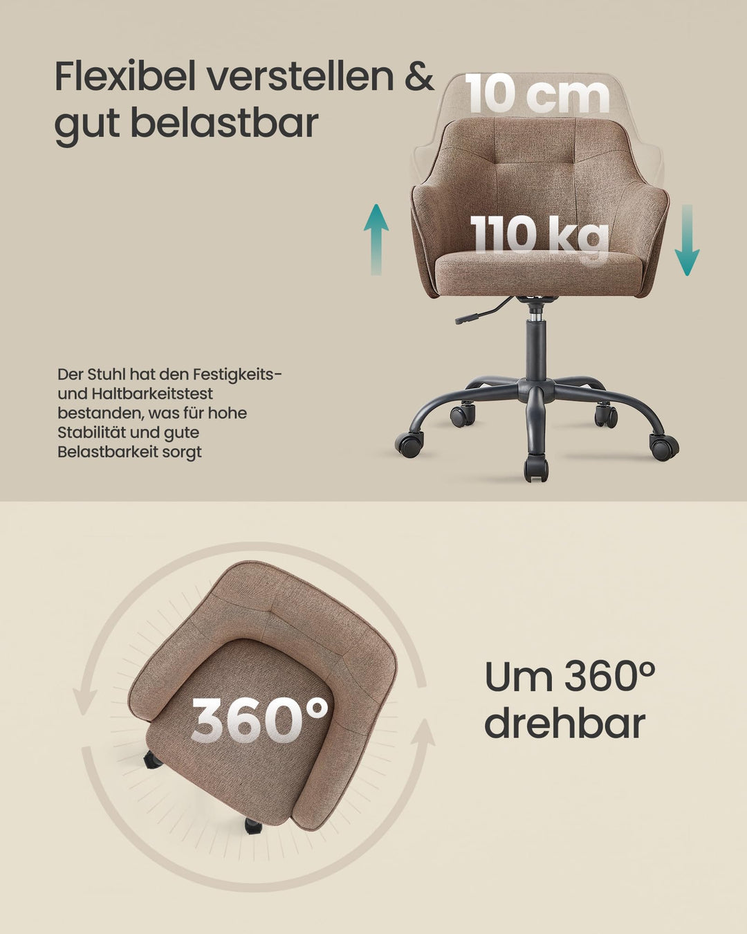 Schreibtischstuhl Stoff höhenverstellbar bis 110 kg Homeoffice braun - Bild 6