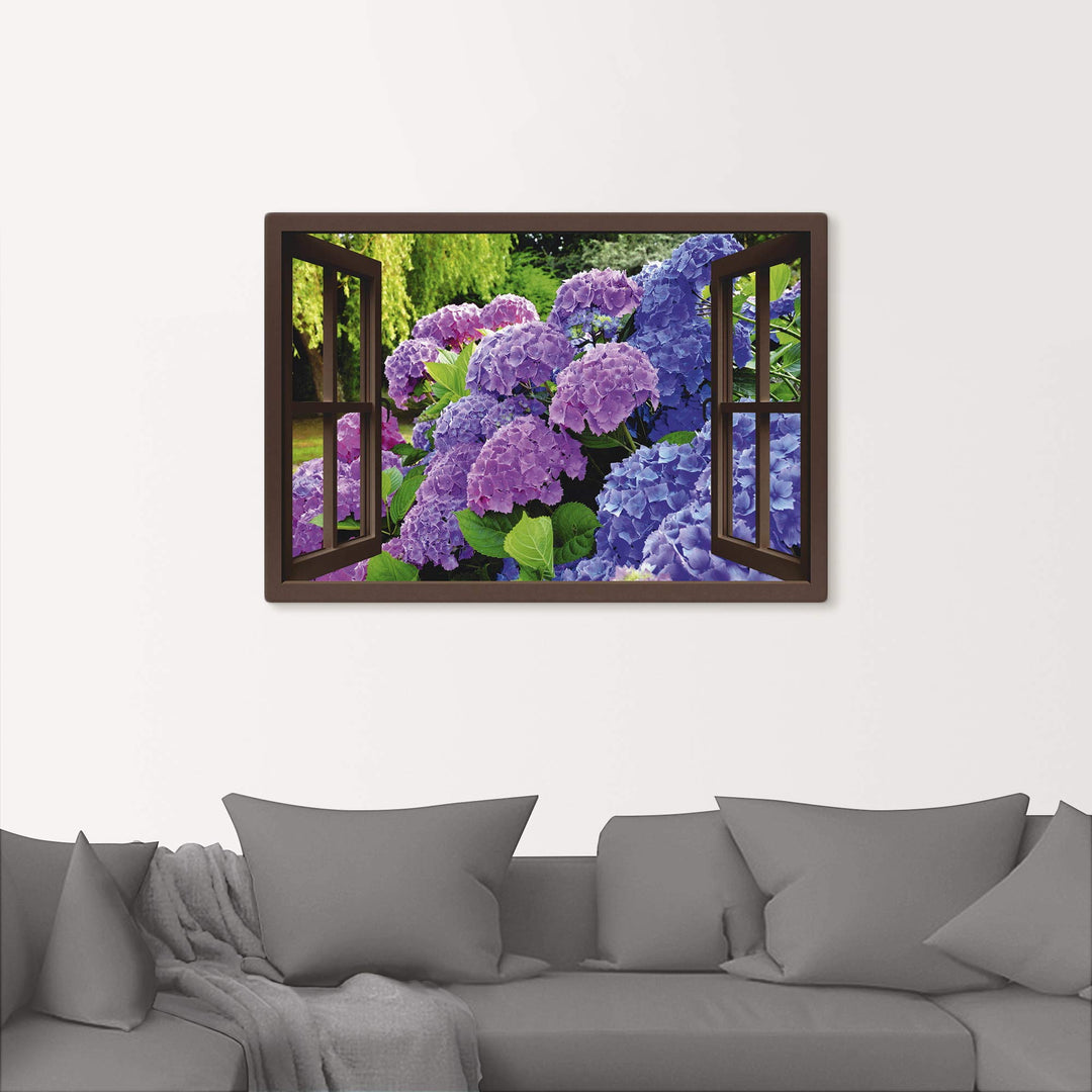 Leinwandbild Hortensien Fensterblick Garten auf Holzrahmen - Bild 8