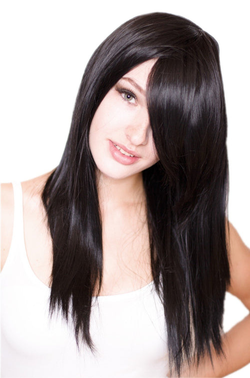 Perücke lang glatt schwarz 60cm mit Pony für Cosplay & Karneval