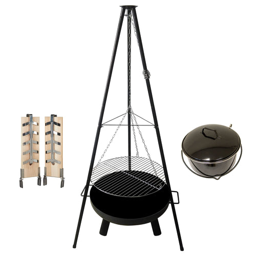 Schwenkgrill Set 4-in-1 mit Feuerschale 60cm Ø Emailletopf 15L