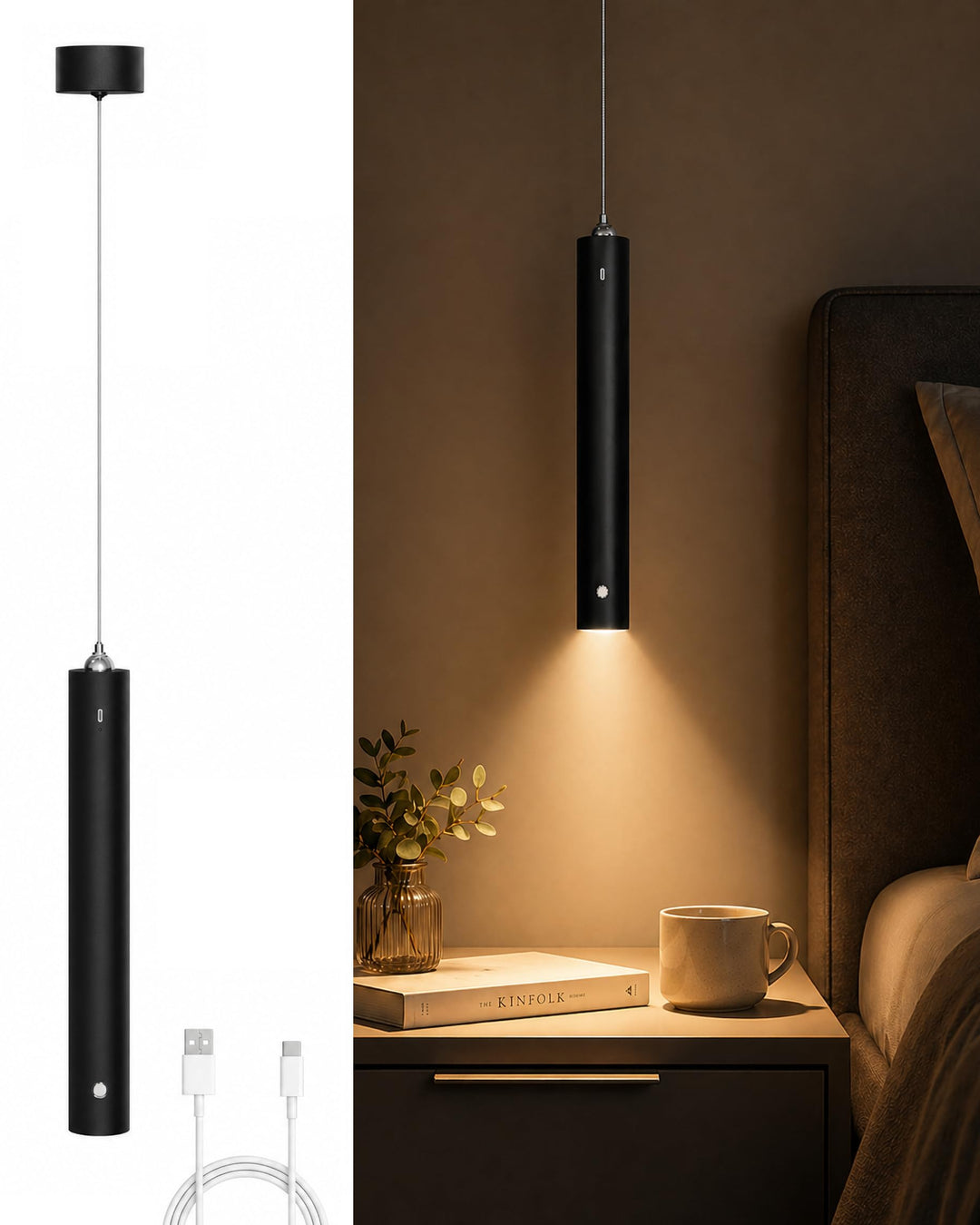 Akku Pendelleuchte Schwarz Touch dimmbar 3 Lichtfarben 500 lm