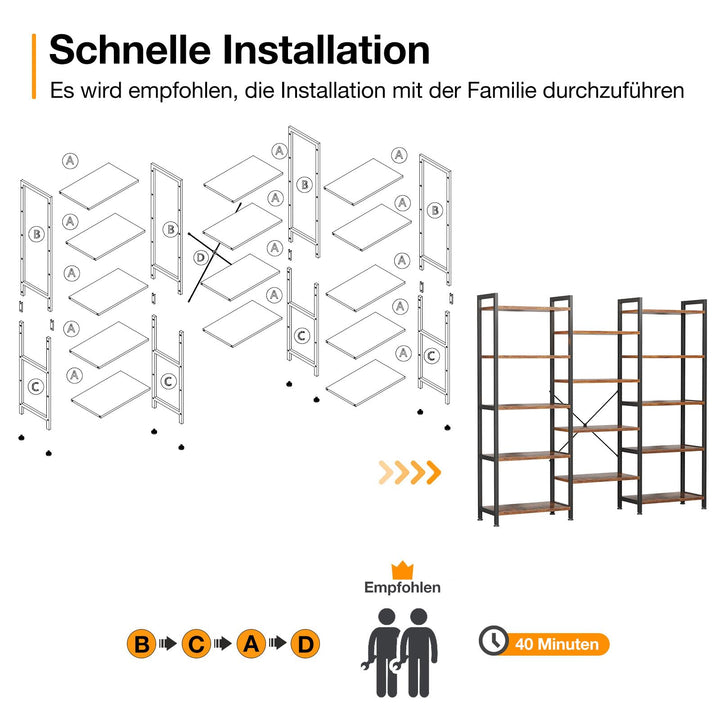 Bücherregal Industrie Stahl Spanplatte 5 Ebenen 145x126cm Braun